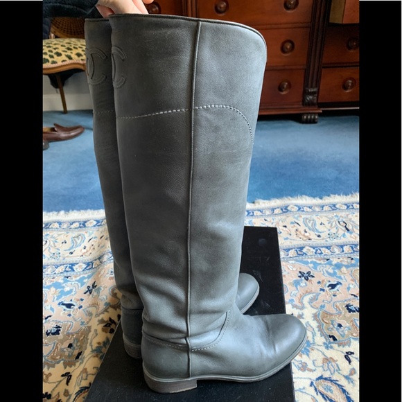 CHANEL Shoes Authentic Chanel Women Tall Grey Leather Riding Boots